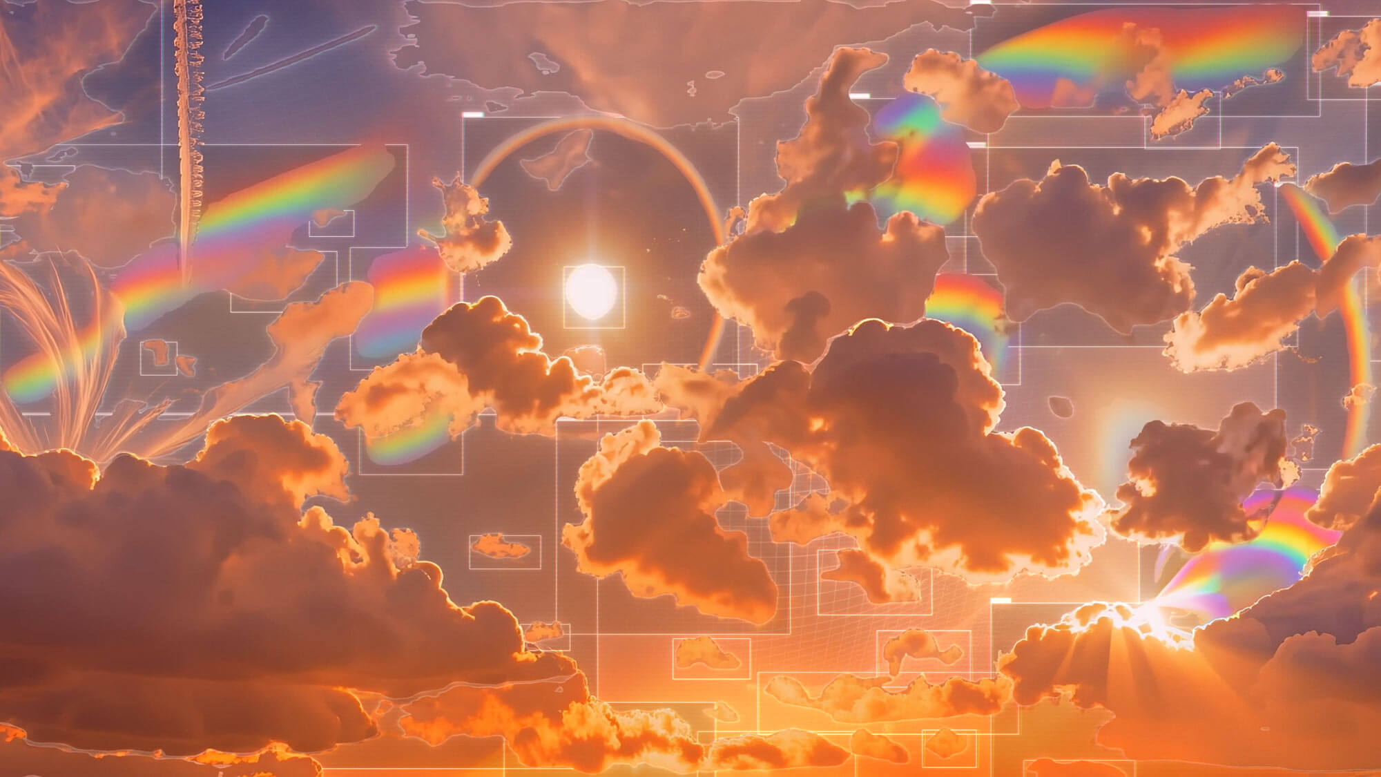 Glowing sunset clouds and rainbow halos enclosed by the visible detection boxes in A Sky of Infinite Wishes