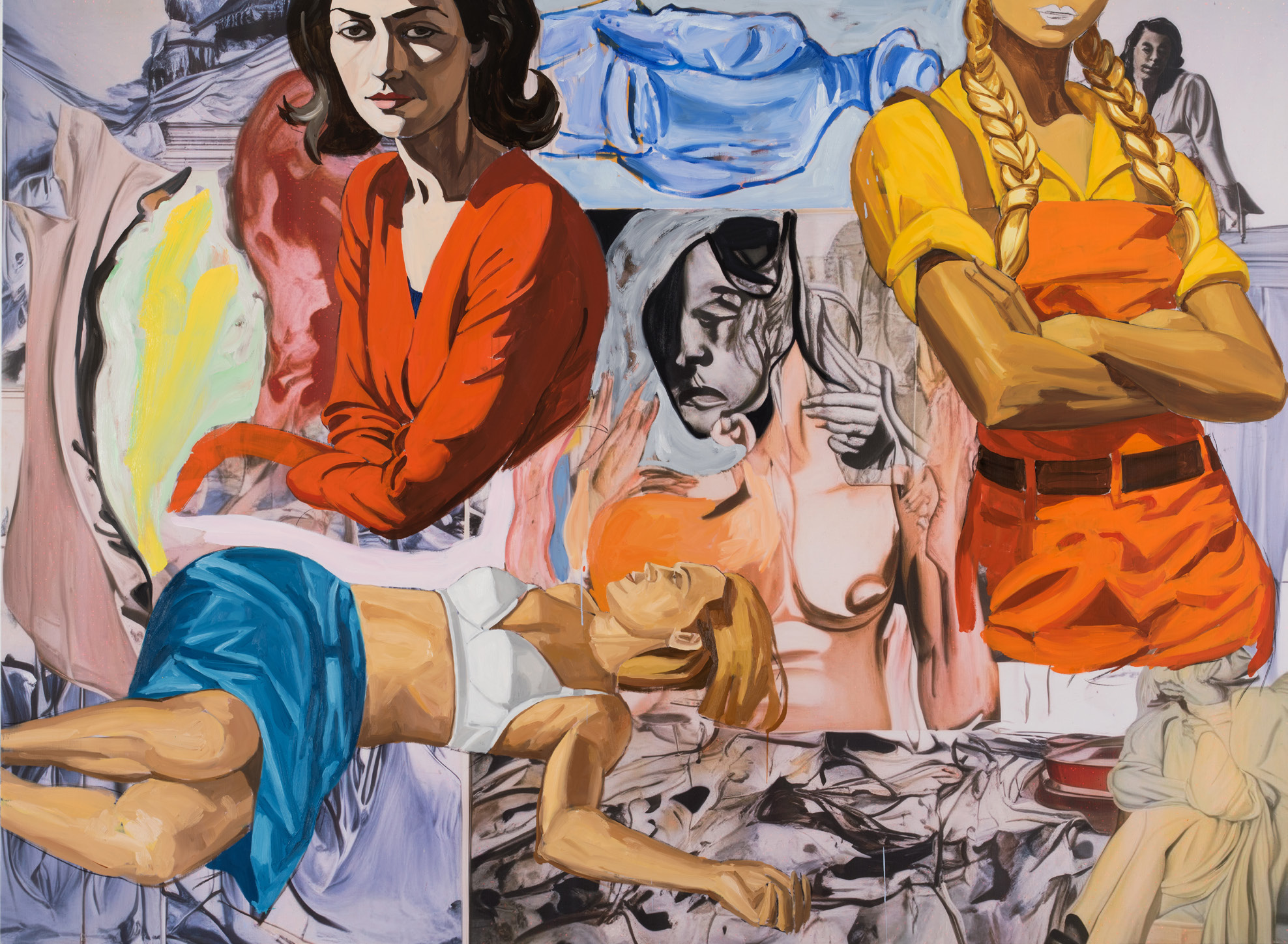 Detail of David Salle’s Workplace, layering figures in red and yellow over a collage of bodies and objects