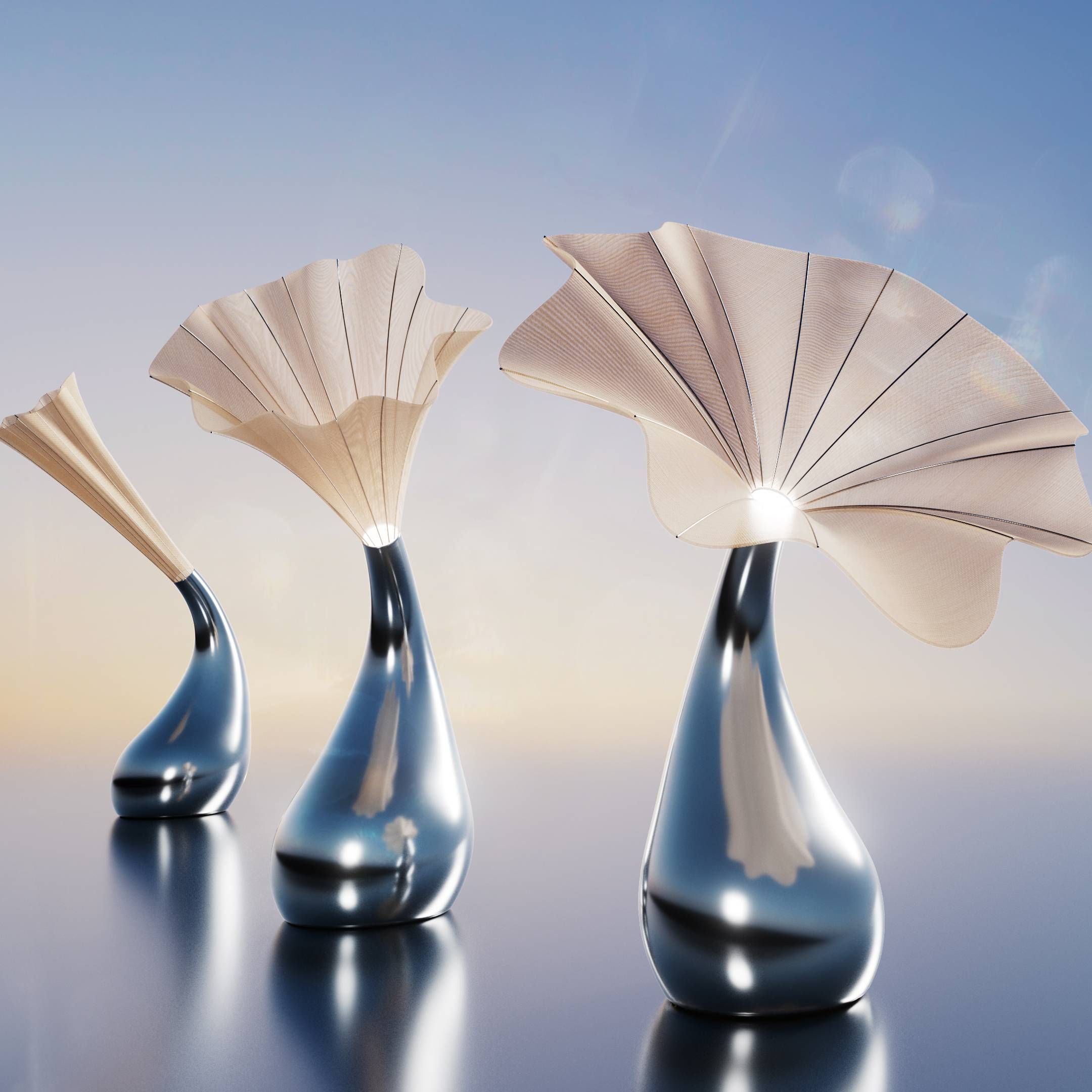 Original design rendering of three polished flower-shaped Connexio objects in different positions
