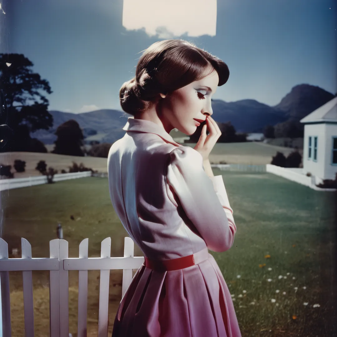 A woman in a pale blouse and pink skirt stands beside a white fence beneath an improbably bright sky