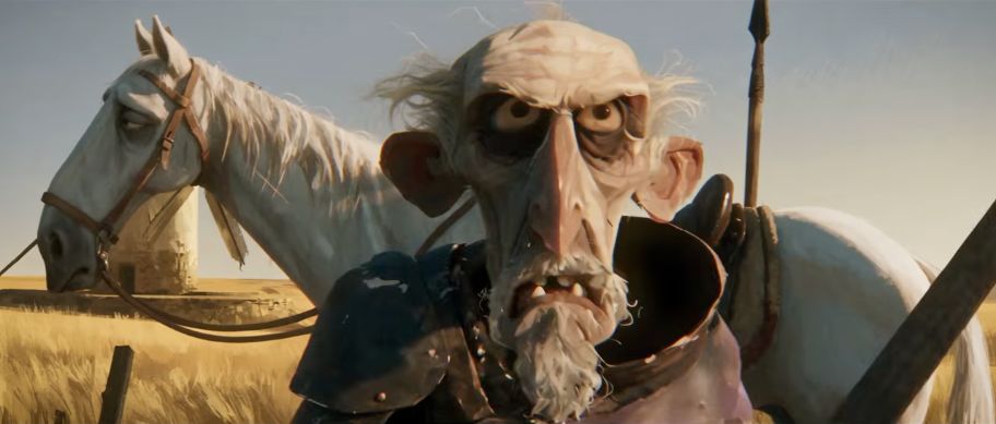 Animated Don Quixote looks ahead in a sunlit landscape, with his white horse behind him