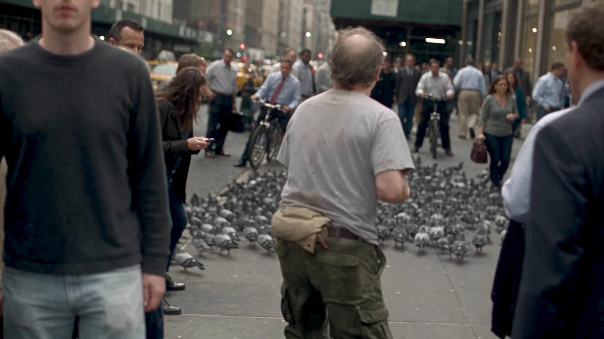 A man viewed from behind in a city plaza with pigeons flying overhead