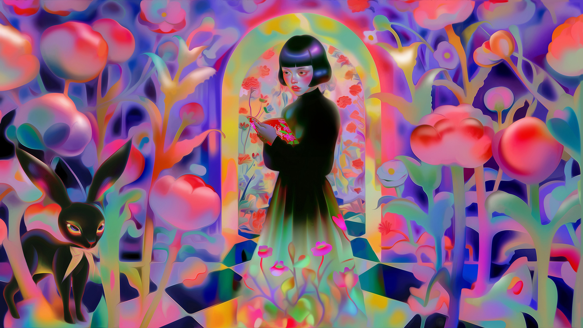 A woman in a dark dress stands in a bright pink, purple and orange flower garden, with a black rabbit at the edge